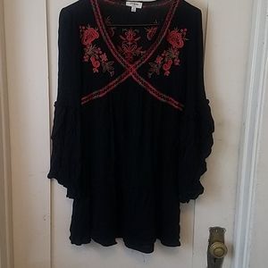 BoHo Bell Sleeved Mini Dress Floral Embroidery